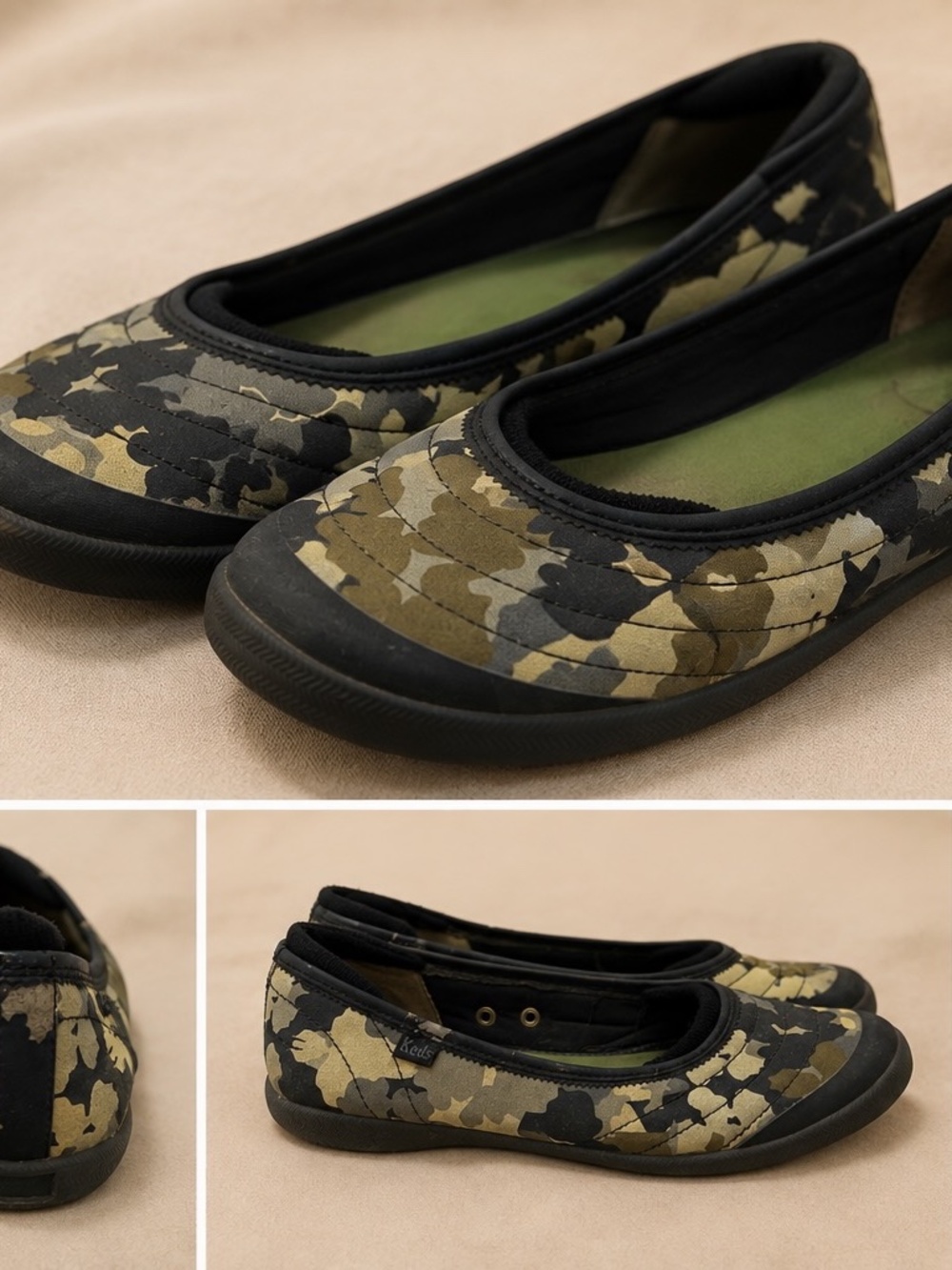 Keds Canvas Ballet Flats Womens Size 6-1/2 Camo green beige Comfort Shoes
